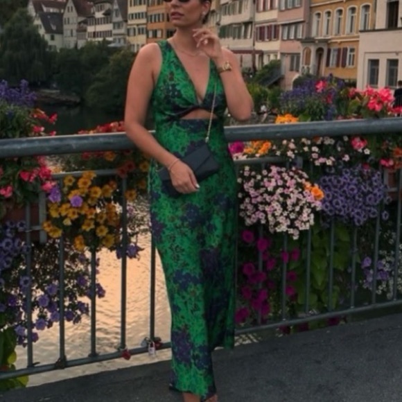 New Zara Green Floral Cutout Midi Dress - Picture 4 of 11